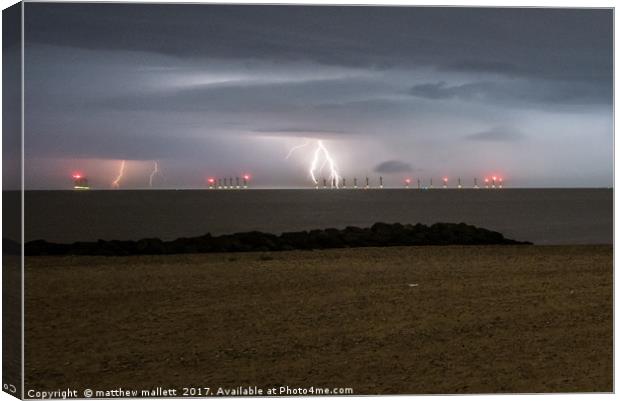 Lightning Strikes Off Clacton Beach Canvas Print by matthew  mallett