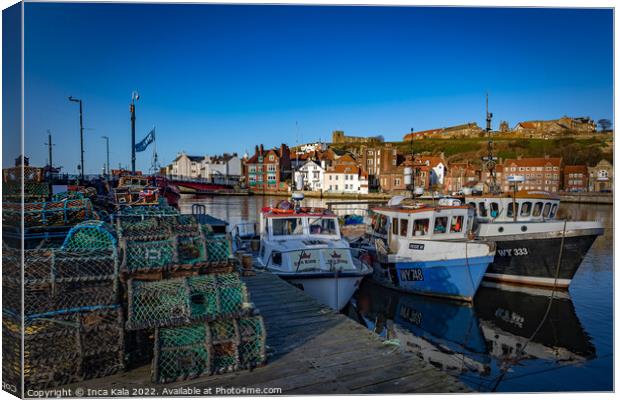 Whitby Lobster Pots and Fishing Boats Canvas Print by Inca Kala