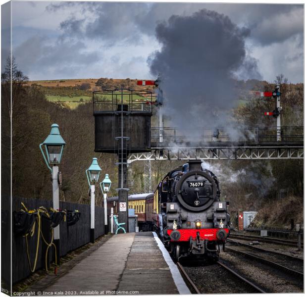 Steam Train Pulling In To Grosmont Station Canvas Print by Inca Kala