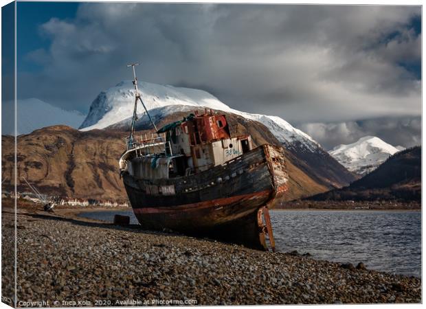Wreckage in the shadows of Ben Nevis's snow-capped Canvas Print by Inca Kala