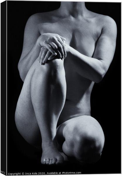 Seated crouching nude in a black and white Canvas Print by Inca Kala
