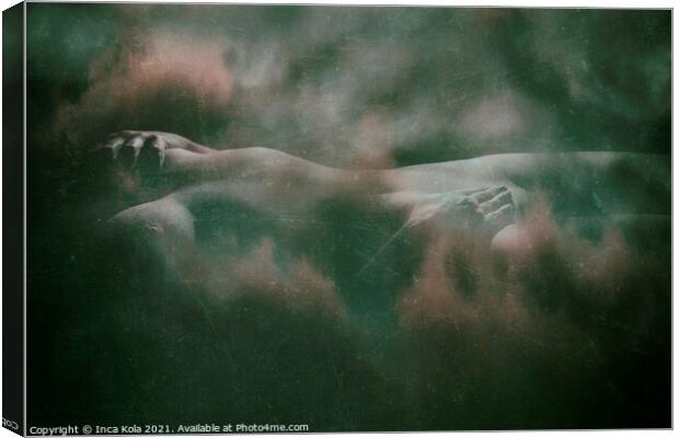 Reclining nude in a cloudscape - distressed green  Canvas Print by Inca Kala