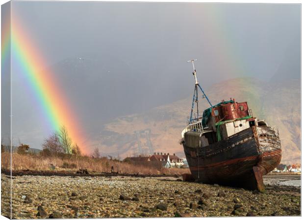 Corpach wreck with rainbow.  Canvas Print by Tommy Dickson