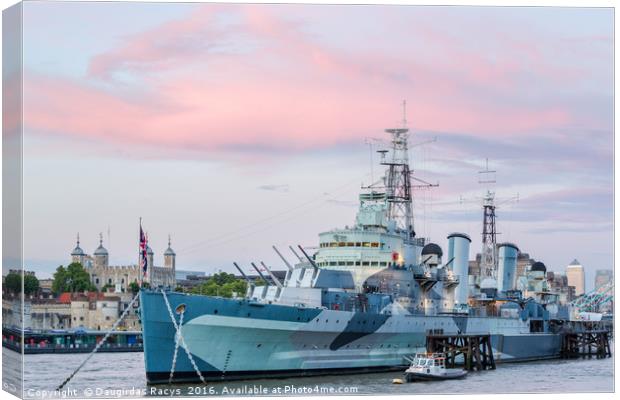 HMS Belfast on the river Thames at sunset Canvas Print by Daugirdas Racys