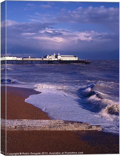 Heavy Seas and Hastings Pier Canvas Print by Robin Dengate