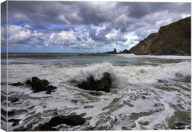 Hartland Quay with Bear Head in Distance Canvas Print by Mike Gorton
