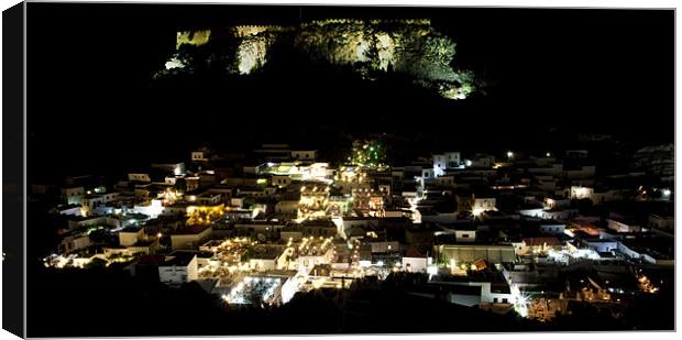 Lindos Rhodes Town and Acropolis at Night Canvas Print by Mike Gorton
