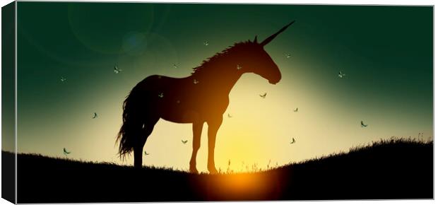 Silhouette of unicorn at sunset surrounded by fairy butterflies Canvas Print by Guido Parmiggiani