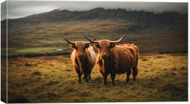 Two highland cows standing above the turf Canvas Print by Guido Parmiggiani