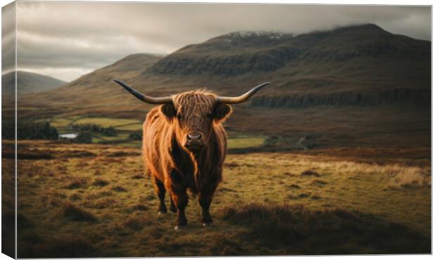 A highland cow standing in a field with a mountain Canvas Print by Guido Parmiggiani