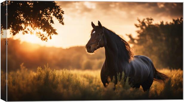 A horse standing in front of a sunset Canvas Print by Guido Parmiggiani