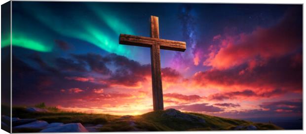 wooden religious cross on the hill with beautiful northern lights and sunset Canvas Print by Guido Parmiggiani