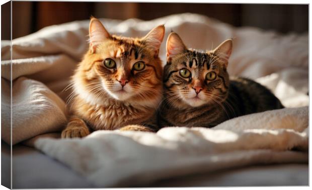 Two cute cats wrapped in a blanket on the bed Canvas Print by Guido Parmiggiani