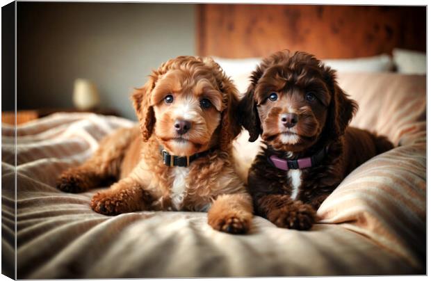 Two adorable brown poodle puppies on top of fluffy bed Canvas Print by Guido Parmiggiani