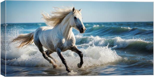 A white stallion gallops over a wave in the ocean Canvas Print by Guido Parmiggiani
