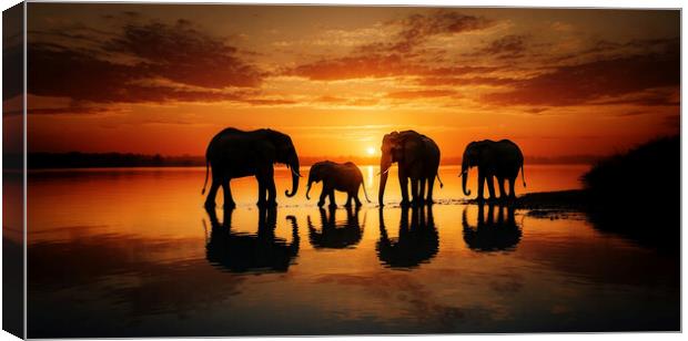 A family of African elephants moving at dusk in search of food.  Canvas Print by Guido Parmiggiani