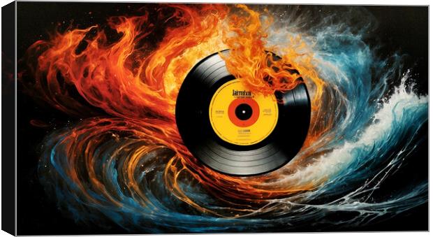 vintage vinyl record surrounded by fire and water. Canvas Print by Guido Parmiggiani