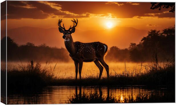 A young deer stands out beautifully against the backdrop of an enchanting sunset over the lake. Canvas Print by Guido Parmiggiani