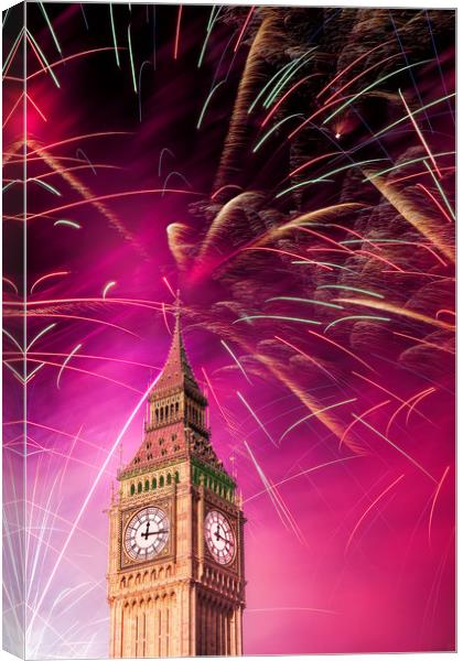 Big Ben and New Year 's fireworks Canvas Print by Guido Parmiggiani