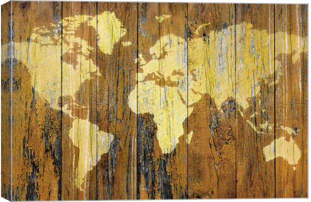 Map of the world on wooden surface Canvas Print by Guido Parmiggiani
