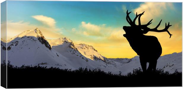 Deer with snowy mountains in the background, Canvas Print by Guido Parmiggiani