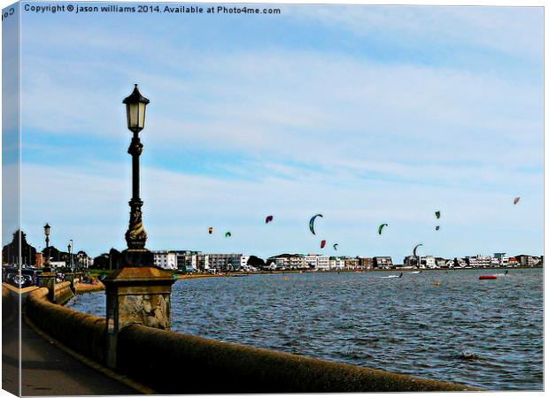 Kite Surfing at Poole Harbour. Canvas Print by Jason Williams