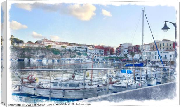  Watercolor Harbor in Es Castell Menorca Canvas Print by Deanne Flouton
