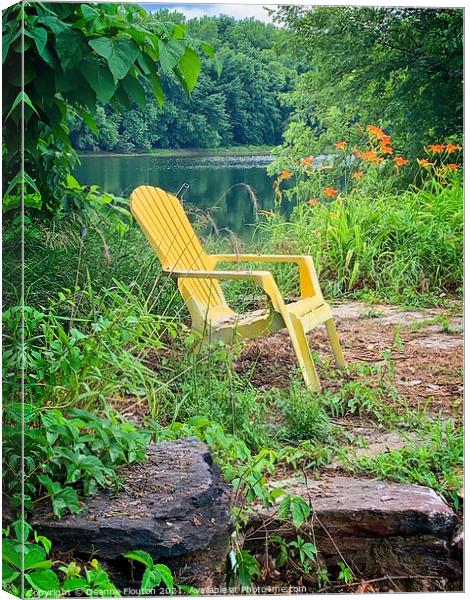 Serene Seating by the River Canvas Print by Deanne Flouton
