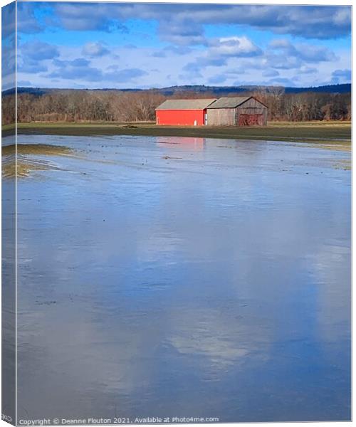Winter wonderland Red barn and ice pond Canvas Print by Deanne Flouton