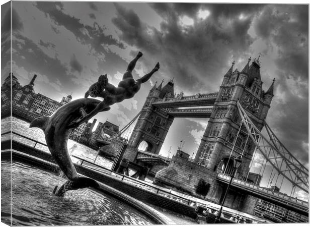 Dolphin by Tower Bridge Canvas Print by Andy Huntley