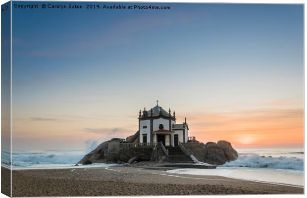 Sunset at the Chapel on the Beach, Portugal  Canvas Print by Carolyn Eaton