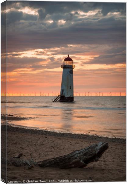 Talacre Lighthouse Driftwood Sunset Canvas Print by Christine Smart