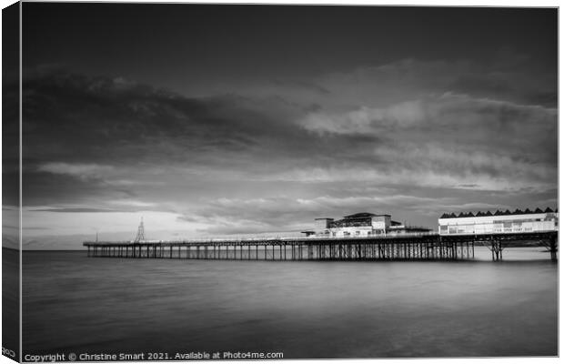 Cloudy Sunset over Colwyn Bay Pier - Monochrome/Black and White Seascape North Wales Landmark - Coast/Seaside Canvas Print by Christine Smart