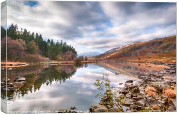 Lake Reflection at Llyn Mymbyr Snowdonia National Park North Wales Autumn Landscape Canvas Print by Christine Smart