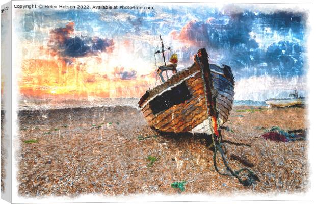 Beautiful Sunrise over Wooden Boat Canvas Print by Helen Hotson