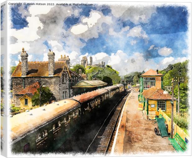 Steam Trains at Corfe Castle Station Canvas Print by Helen Hotson