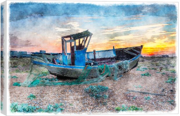 Dramatic Sunset over Fishing Boat Canvas Print by Helen Hotson