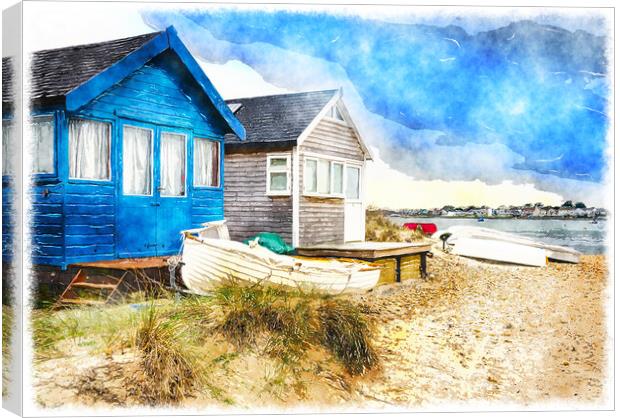 Beach Huts and Boats Canvas Print by Helen Hotson