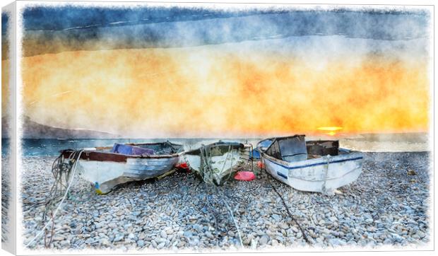 Boats on Chesil Beach Canvas Print by Helen Hotson