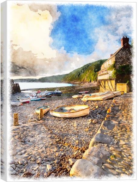 Boats in the Harbour at Clovelly Canvas Print by Helen Hotson