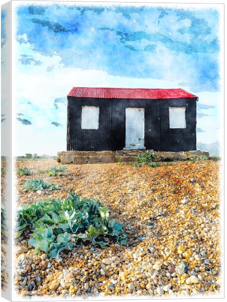 Red Hut on Rye beach Canvas Print by Helen Hotson