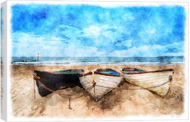 Boats On A Sandy Beach Canvas Print by Helen Hotson