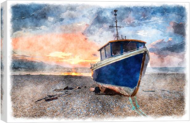 Blue Fishing Boat Painting Canvas Print by Helen Hotson