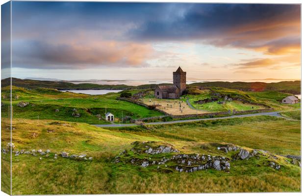 Moody sunset over the old church at Rodel  Canvas Print by Helen Hotson