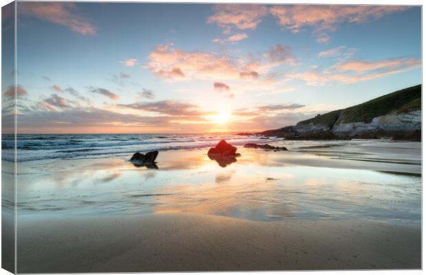 Sunset at Whitsand Bay in Cornwall Canvas Print by Helen Hotson