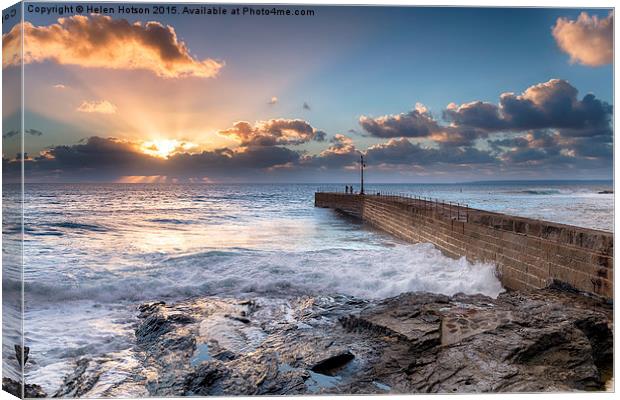 Sunset Rays over Porthleven Pier Canvas Print by Helen Hotson