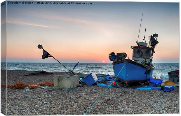 Blue Fishing Boat on a beach in Suffolk Canvas Print by Helen Hotson