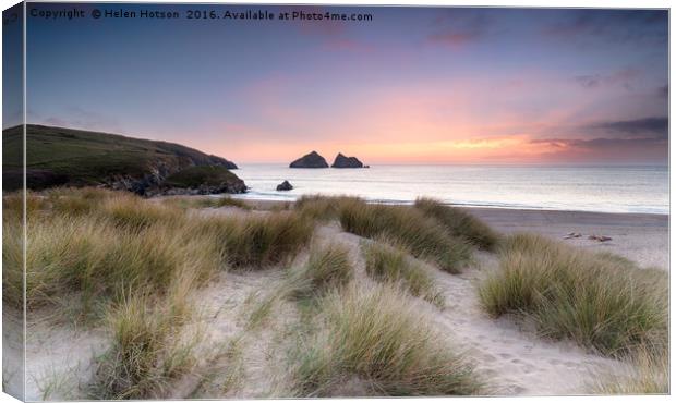 Sunset over Sand Dunes on the Cornwall Coastline Canvas Print by Helen Hotson