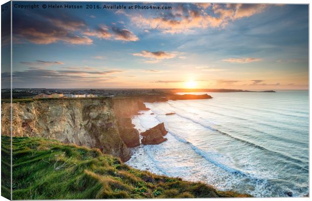 Beautiful Sunset over Porth in Newquay Canvas Print by Helen Hotson