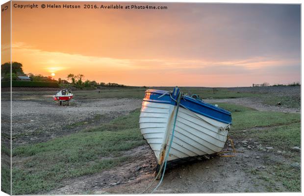 Sunset over Fishing Boat at Porlock Weir Canvas Print by Helen Hotson